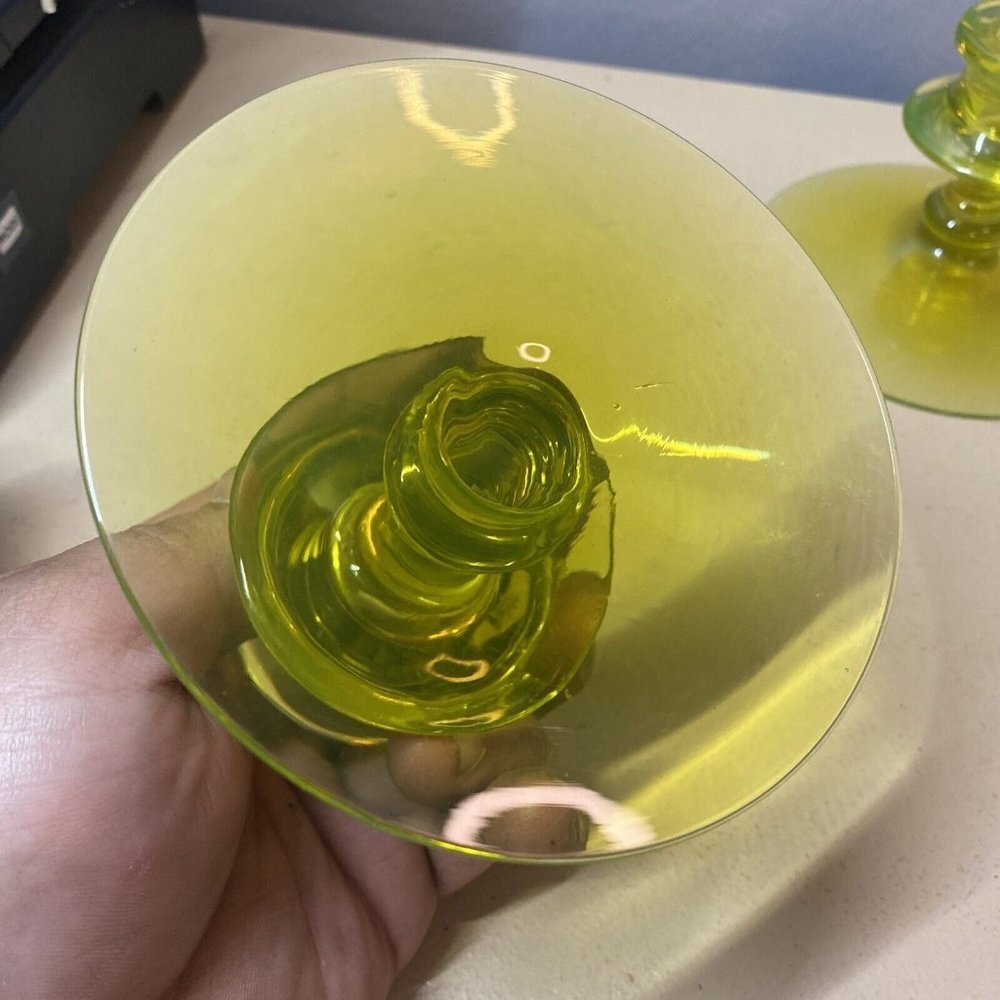 Vintage Green Uranium Vaseline Depression Glass Candlestick Holders Pair - Picture 8 of 9